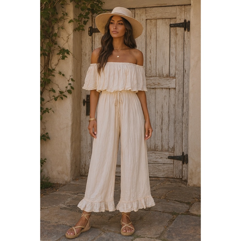 Jaded Gypsy‎ Cream Cotton Gauze Strapless Ruffle Romper Jumpsuit NEW